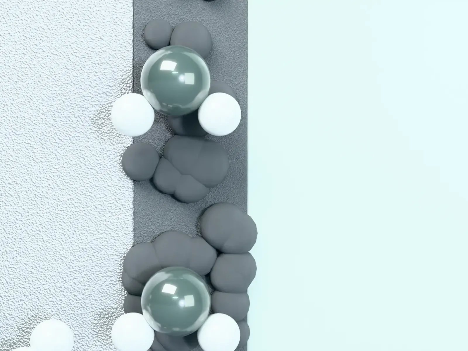 Illustrative render, close-up of a cell: water molecules at the catalyst layer.