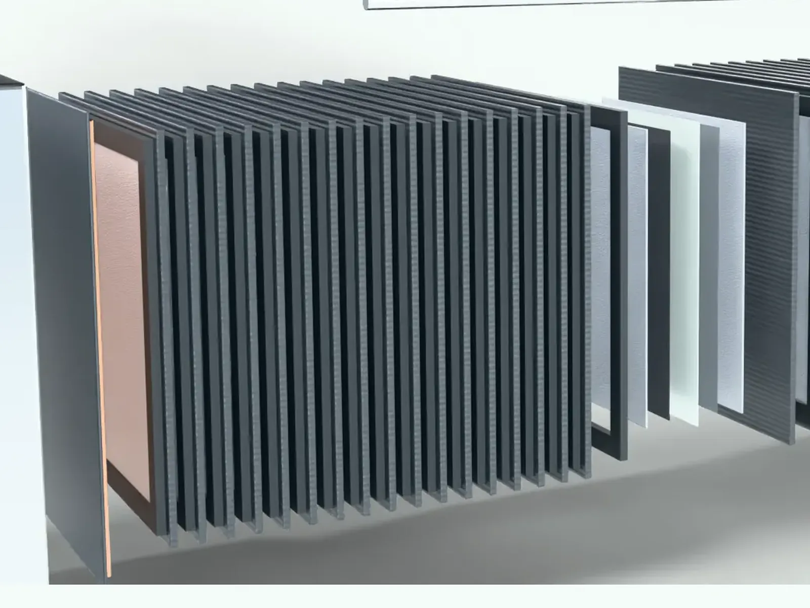 Illustrative render of a PEM electrolyser stack in exploded view, showing the cell layers.