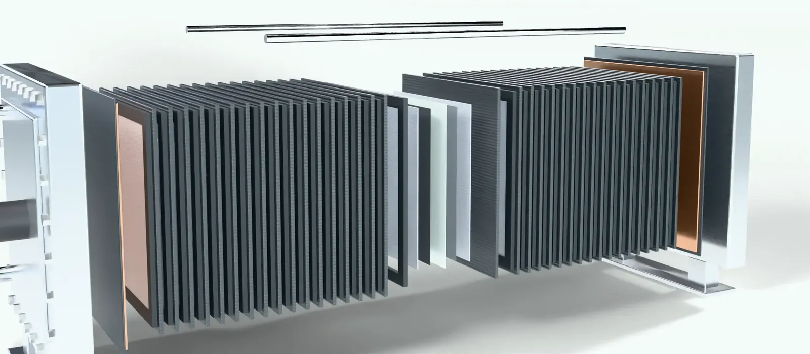 Illustrative render of a PEM electrolyser stack in exploded view, showing the cell layers.