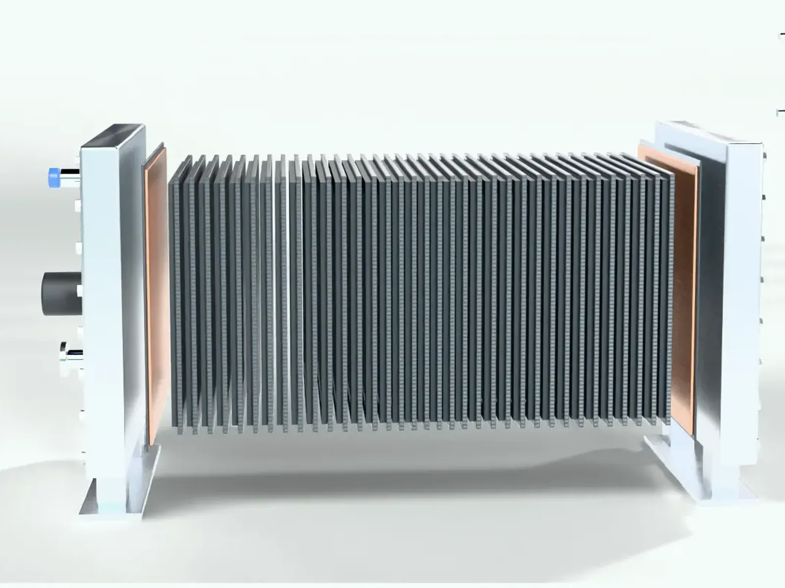 Illustrative render of a PEM electrolyser stack opening up between its end plates.