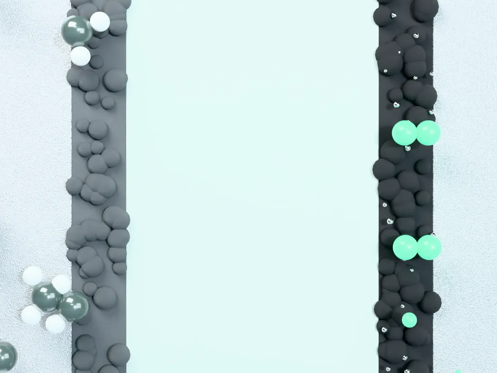 Illustrative render, close-up of the membrane: water split into hydrogen and oxygen.