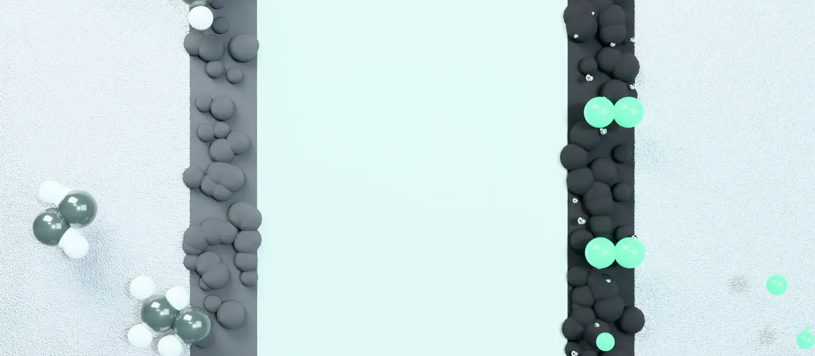 Illustrative render, close-up of the membrane: water split into hydrogen and oxygen.